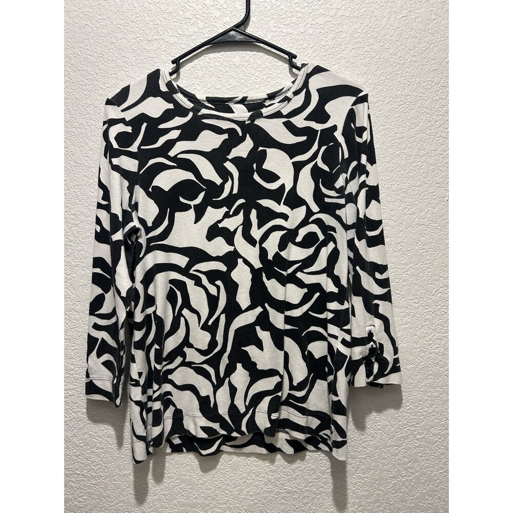 Chicos Top Womens 1 Med Black White Abstract Pima Cotton Stretch Artsy Casual